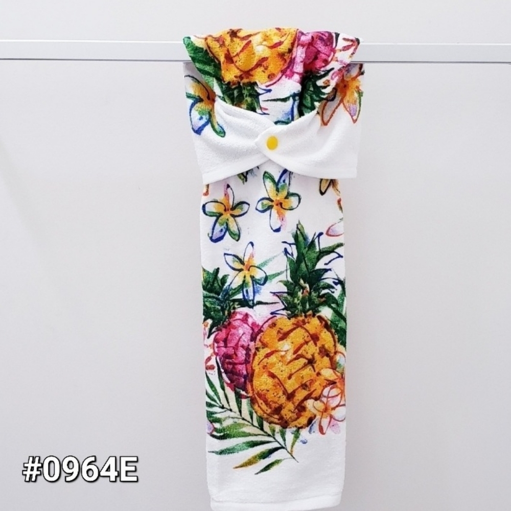 #0964-E NEW! ■PINEAPPLE Hang'N'Snap hand towel 🤍Yellow Plastic Snap